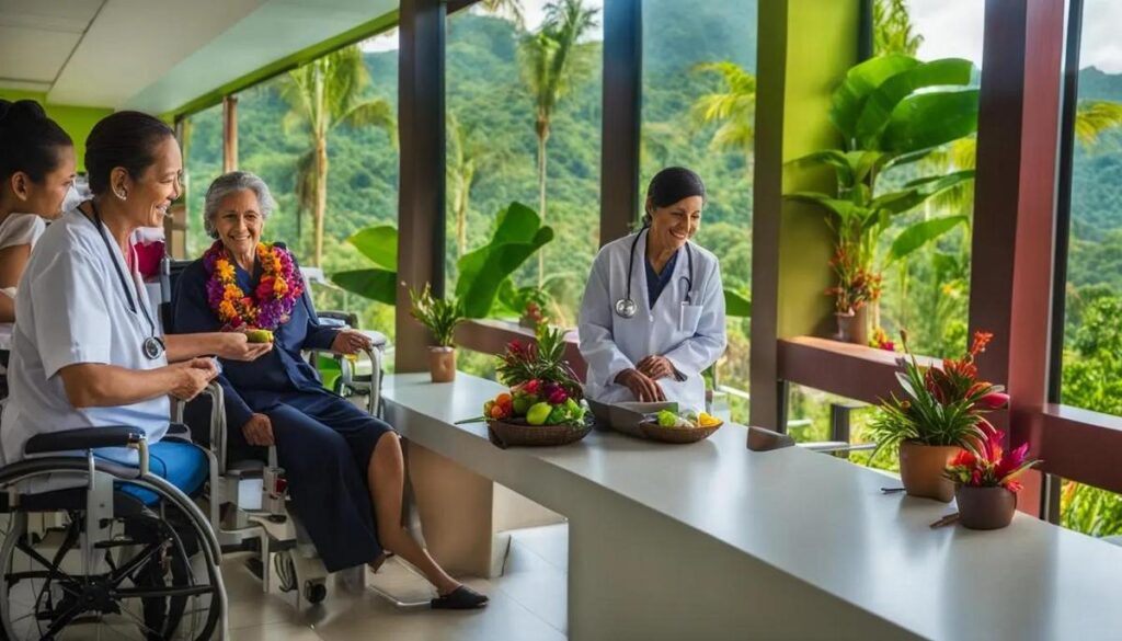 Modern Costa Rican healthcare facility with happy retirees and a friendly doctor in a sunlit area.