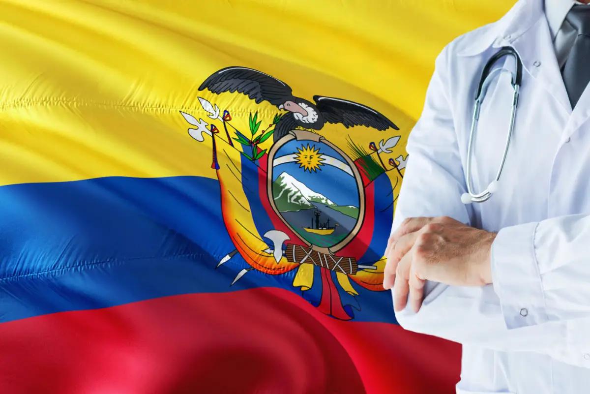 Senior couple consulting with a warm doctor in a modern Quito hospital, Andes in view.