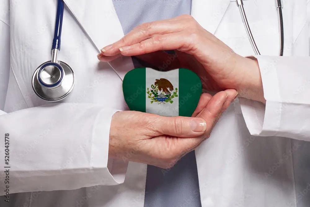 A retired couple walking towards a modern Mexican hospital, greeted by friendly medical staff.