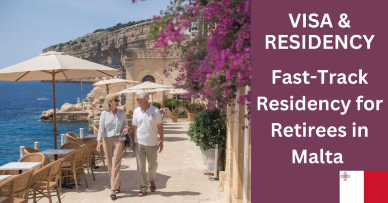 Retired couple strolling Maltese promenade; lush bougainvillea, azure sea, charming cafés, vibrant atmosphere.