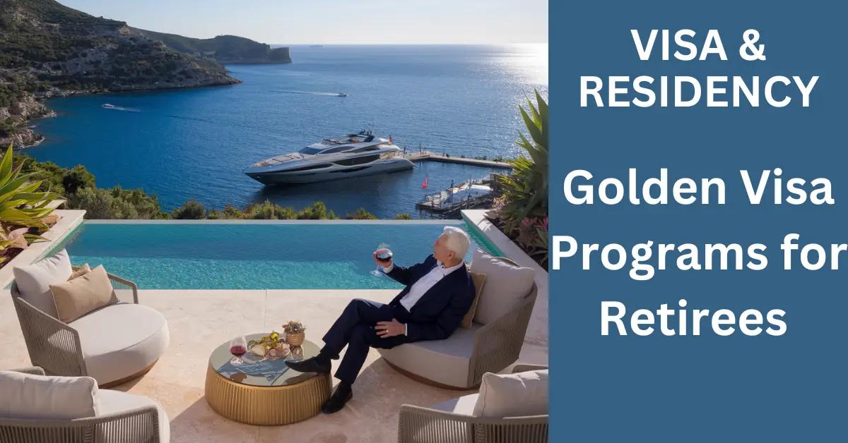 Retiree couple relaxes on luxurious terrace with sea view and yacht nearby.