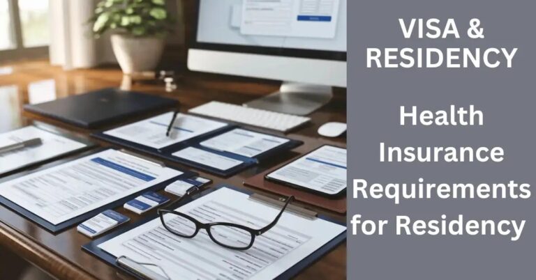 Health Insurance Requirements for Residency: What Do You Need? Organized workspace with health insurance documents, ID cards, digital forms, and reading glasses.