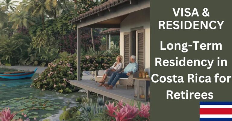 Older couple relaxing on veranda with ocean view in a lush Costa Rican village.