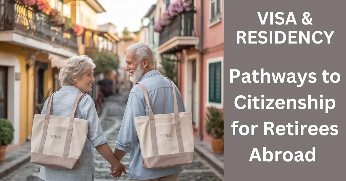 Elderly couple walking through sunlit Mediterranean town, symbolizing their journey to citizenship.