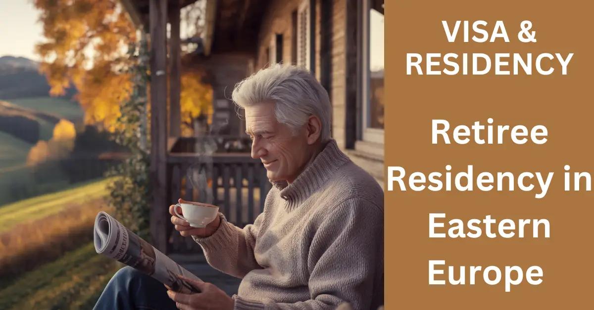 A serene retiree enjoys tea on a porch amidst golden autumn foliage in Eastern Europe.