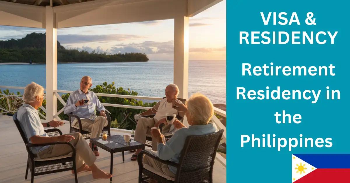 Retirees relax on a bungalow veranda, enjoying coffee and tropical views in the Philippines.