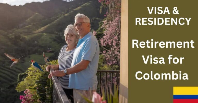 Retired couple on sunlit balcony in Colombia, surrounded by vibrant flowers and birds.