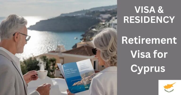 Elegantly-aged couple enjoying a serene Mediterranean retirement on a terrace in Cyprus.