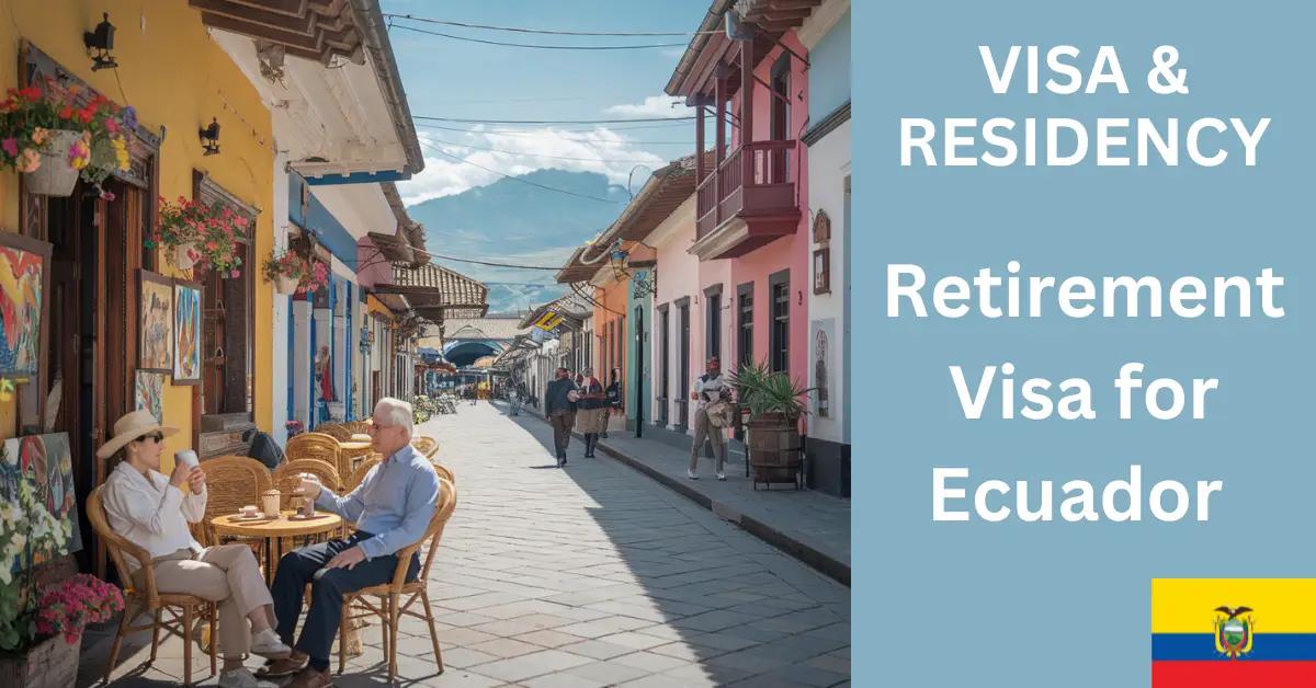 Retired couple enjoying coffee in a vibrant Ecuadorian town square with Andes backdrop.