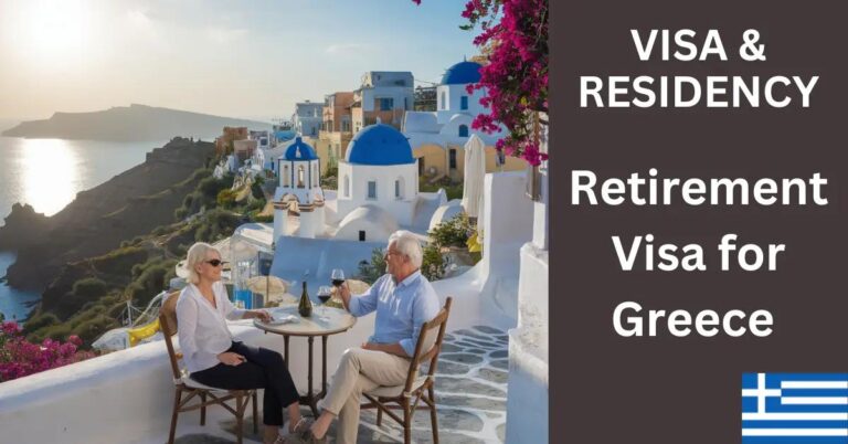 A serene Greek coastal village with retirees enjoying wine at a picturesque cafe.