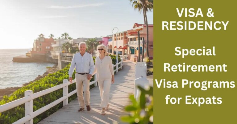 Joyful retired couple strolling on a sunny coastal boardwalk, vibrant town backdrop.
