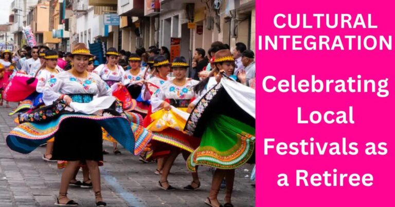 Retirees joyfully dance in festive attire, celebrating a vibrant local festival in the village square.