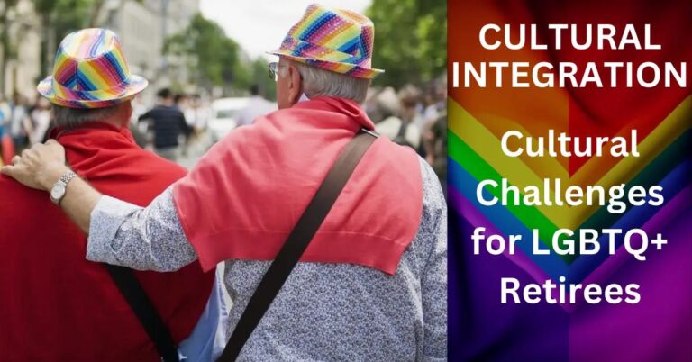 Cultural Challenges for LGBTQ+ Retirees: What Are They? Elderly LGBTQ+ couple reflecting by window in sunlit living room, surrounded by memories.