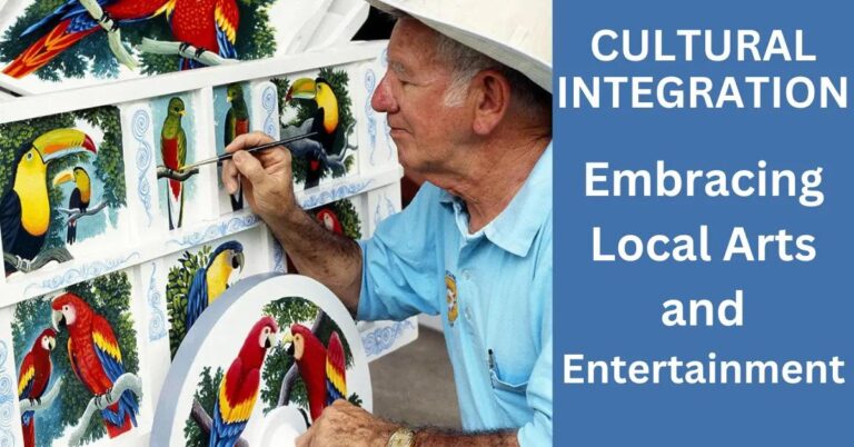 Vibrant arts festival in English town square with performers and historic architecture.