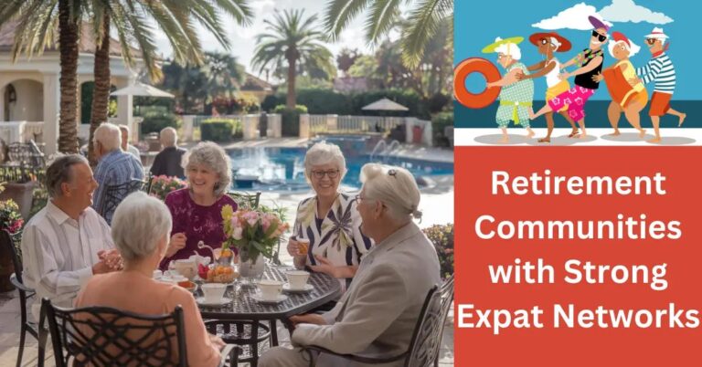 Retirement Communities with Strong Expat Networks: Why Join? Diverse retirees enjoy afternoon tea on a vibrant patio, surrounded by lush gardens.