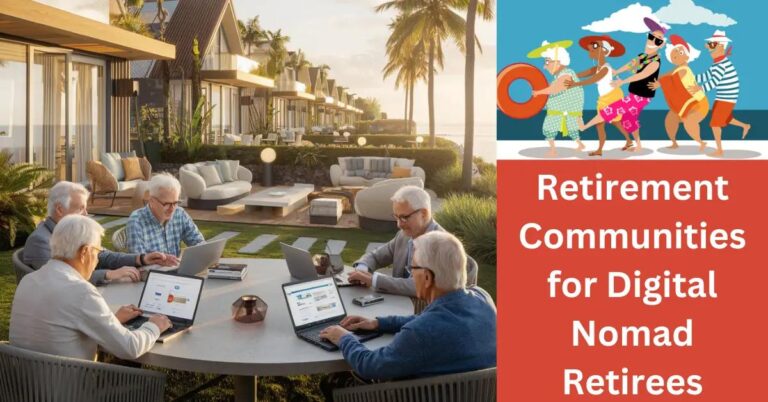 Vibrant coastal retirement community with tech-savvy retirees in eco-friendly cottages by the ocean.