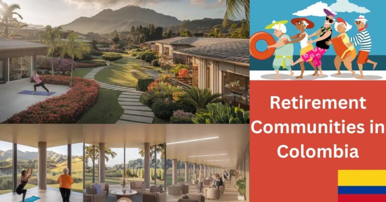 Retirement Communities in Colombia: What to Consider? Retirement community in Colombia with lush gardens, modern architecture, and active elderly residents.