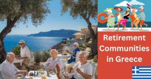 Retirees enjoy lively activities under olive trees by the stunning Aegean Sea.