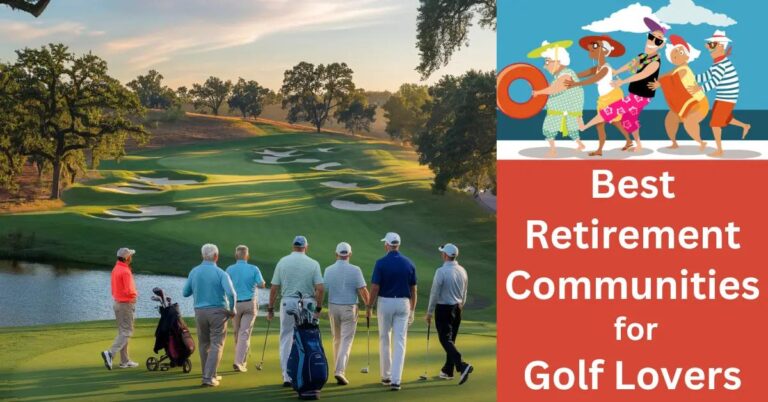 Retirees enjoy golf on a scenic course with lush hills and a tranquil lake.