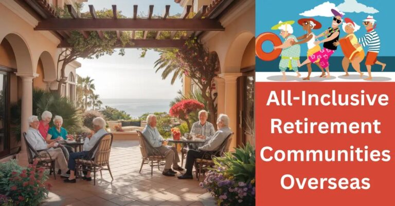 Elderly residents enjoy vibrant garden courtyard with Mediterranean Sea view in coastal Spain.