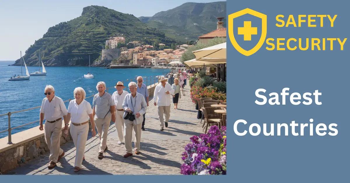 Serene Mediterranean village with retirees walking by cafes and vibrant flower gardens.