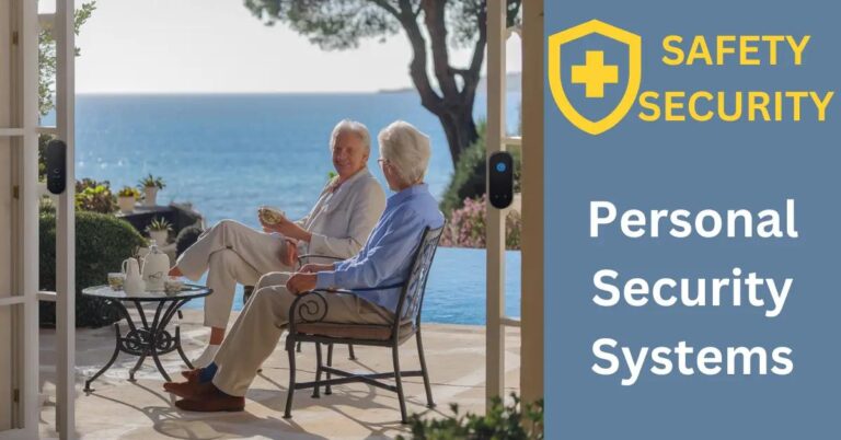 Retired couple enjoying tea on Mediterranean villa patio with visible security features.