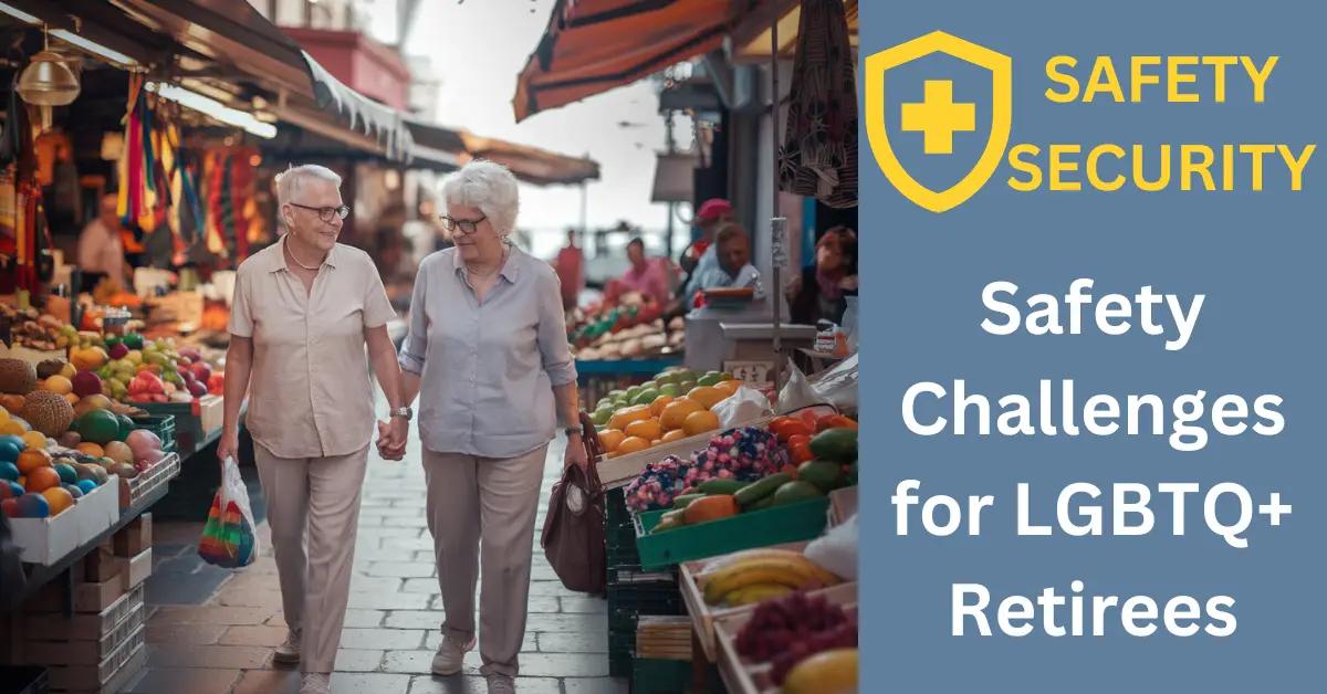 Elderly LGBTQ+ couple exploring a vibrant coastal market, surrounded by colorful stalls and textiles.