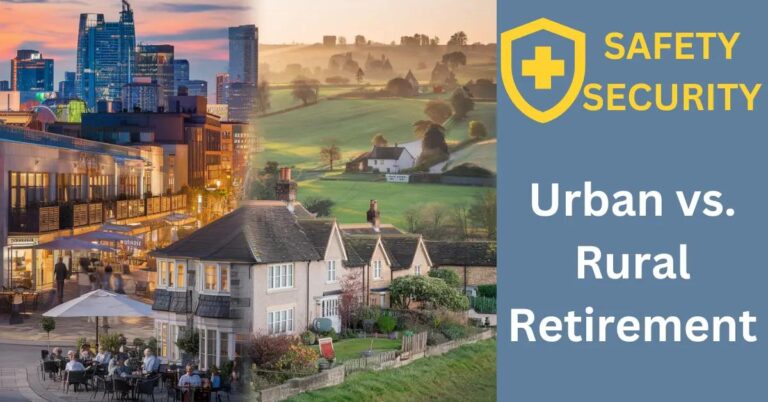 Safe Urban vs. Rural Retirement Living Abroad: Which Is Better? A vibrant cityscape contrasts with serene countryside, illustrating diverse retirement living options abroad.