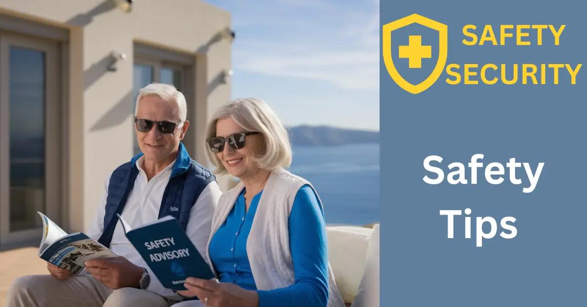 Retiree couple reading safety guides on sunlit terrace with Mediterranean Sea view.