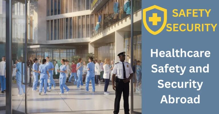 Healthcare Safety and Security Abroad: What Should You Know? A hyperrealistic image of a diverse medical team in a modern international hospital.