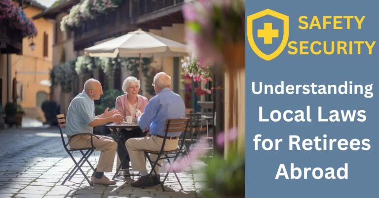 Understanding Local Laws for Retirees Abroad: What to Know? Elderly couple at café, discussing retirement laws with advisor, charming European village backdrop.