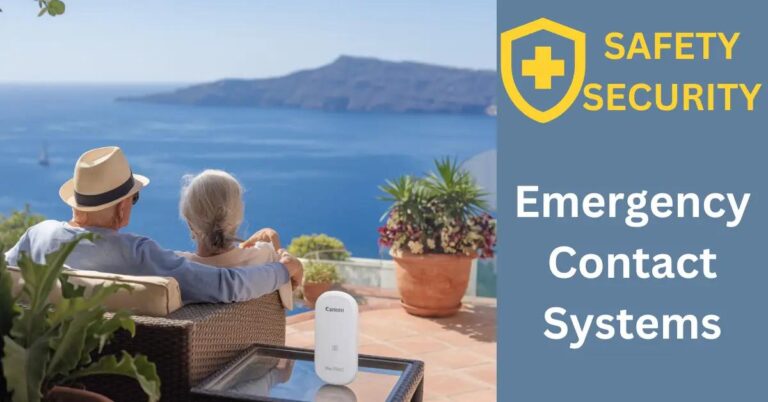 Are Emergency Contact Systems for Retirees Abroad Vital? Elderly couple relaxes on sunlit terrace with emergency contact device nearby, overlooking sea.