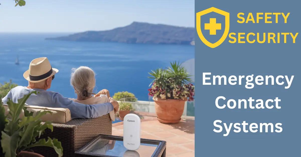 Elderly couple relaxes on sunlit terrace with emergency contact device nearby, overlooking sea.