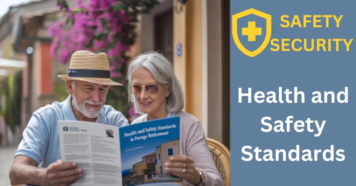 Retiree couple in Mediterranean café, enjoying espresso while reviewing health and safety brochure.