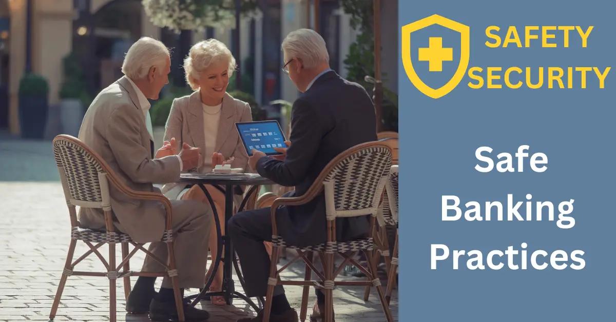 Retired couple at an outdoor cafe, discussing safe banking practices with a consultant.