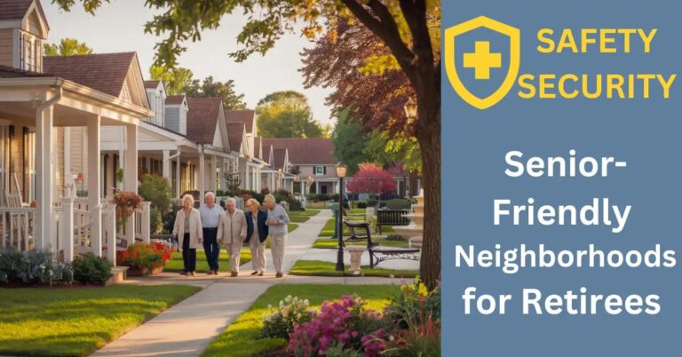 Senior-Friendly Neighborhoods for Retirees: What to Look for? Serene senior-friendly neighborhood with retirees strolling, charming homes, and a vibrant community garden.