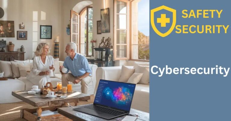 Retired couple discussing cybersecurity in sunlit Mediterranean villa, enjoying coffee with laptop open.