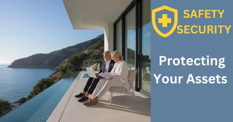 Protecting Your Assets While Retiring Abroad: How to Do It? Couple reviewing finances on villa balcony overlooking Mediterranean sea, embodying serene retirement planning.