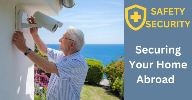 Securing Your Home Abroad as a Retiree: How to Do It? Retiree installing security cameras at sunlit Mediterranean villa, overlooking azure sea and garden.
