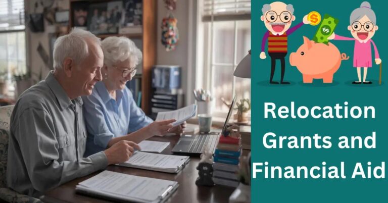 Elderly couple joyfully reviewing relocation documents in sunlit, cozy home office.