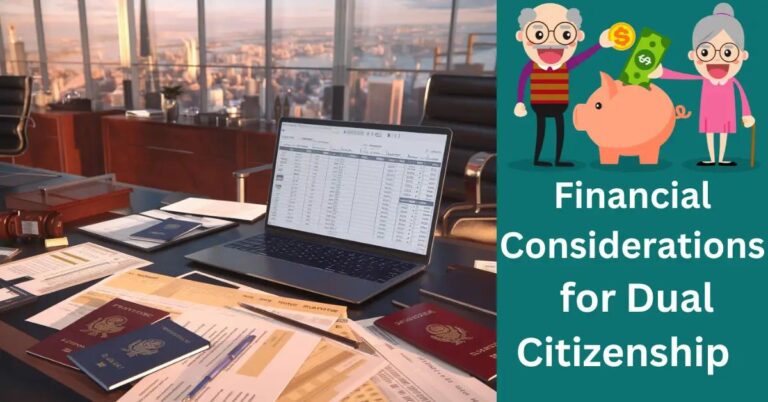 Financial Considerations for Dual Citizenship: What to Know? Individual analyzing dual citizenship financial documents in a sophisticated, modern workspace with city views.