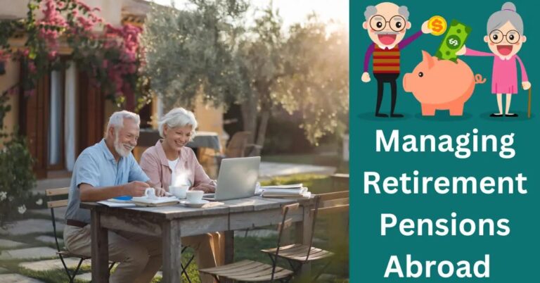 Elderly couple reviewing pensions, smiling at rustic table, Mediterranean villa garden backdrop.