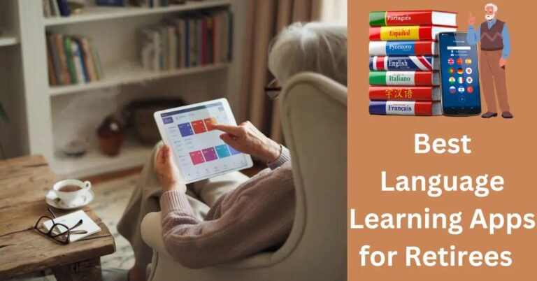 Best Language Learning Apps for Retirees: Are They Right? Retiree in cozy living room using a tablet for language learning, sipping tea.