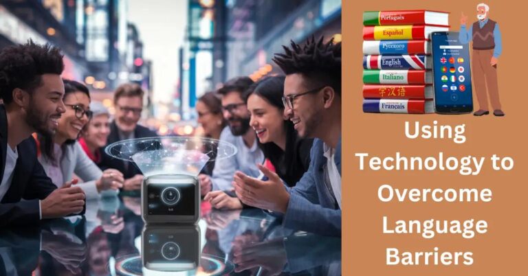 Using Technology to Overcome Language Barriers: How? Diverse group using futuristic translator device, symbolizing technology's role in bridging language barriers.