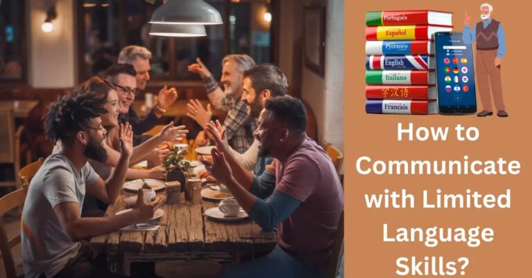 How to Communicate with Limited Language Skills? Diverse group at a café table, animatedly communicating through gestures and expressions.