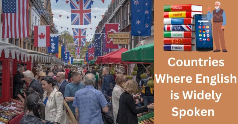 Diverse street market with vibrant activity, featuring cultural symbols from English-speaking countries.