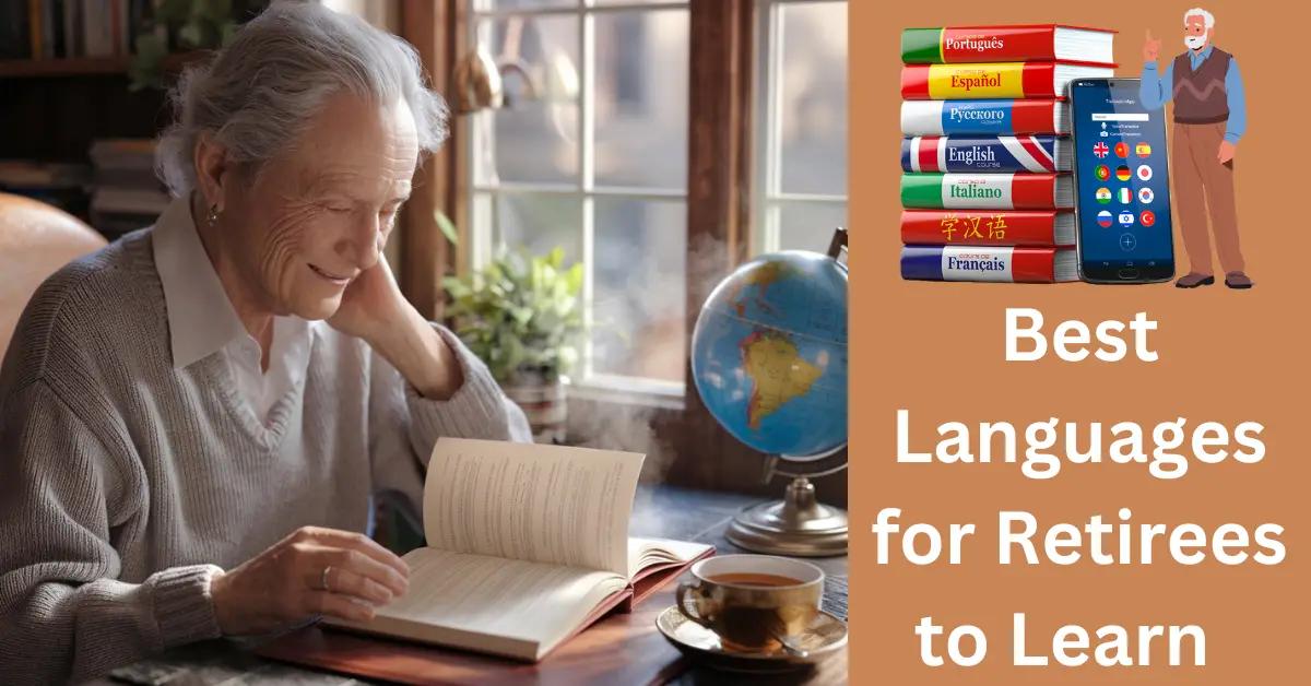 Elderly person studying languages in sunlit study, surrounded by books and warm ambiance.