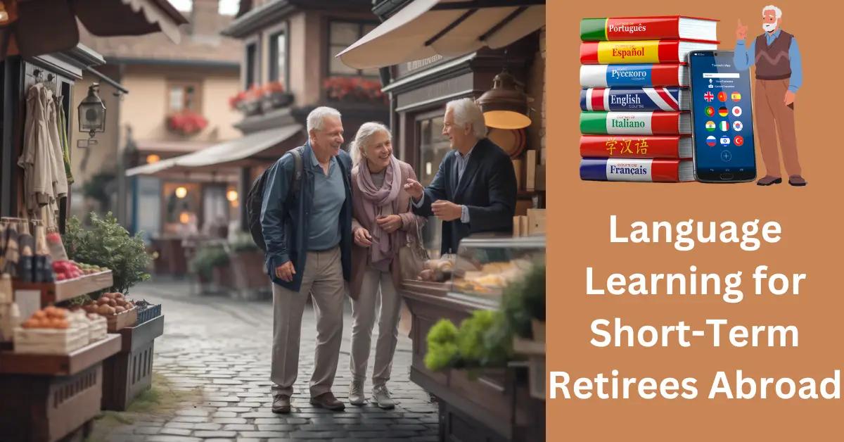 Retired couple engages with shopkeeper in vibrant European village, embracing cultural exchange.