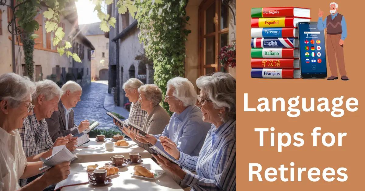 Retirees enjoy a lively language exchange on a sunlit café patio in Europe.