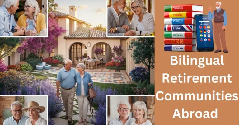 Retirees converse joyfully in a scenic Spanish retirement community with Mediterranean architecture.